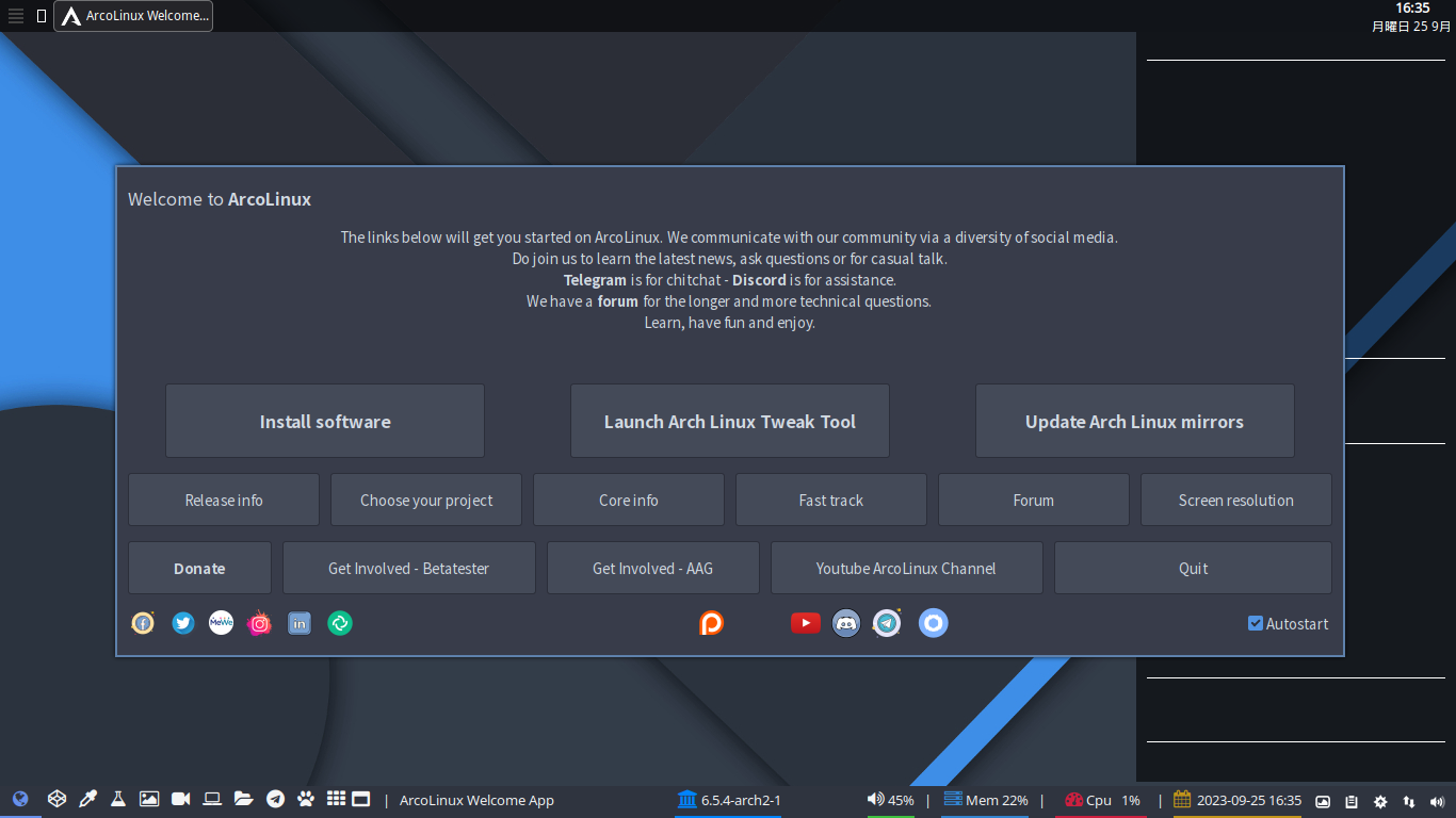 「ArcoLinux 23.09.03 xmonad」-「Welcome App」