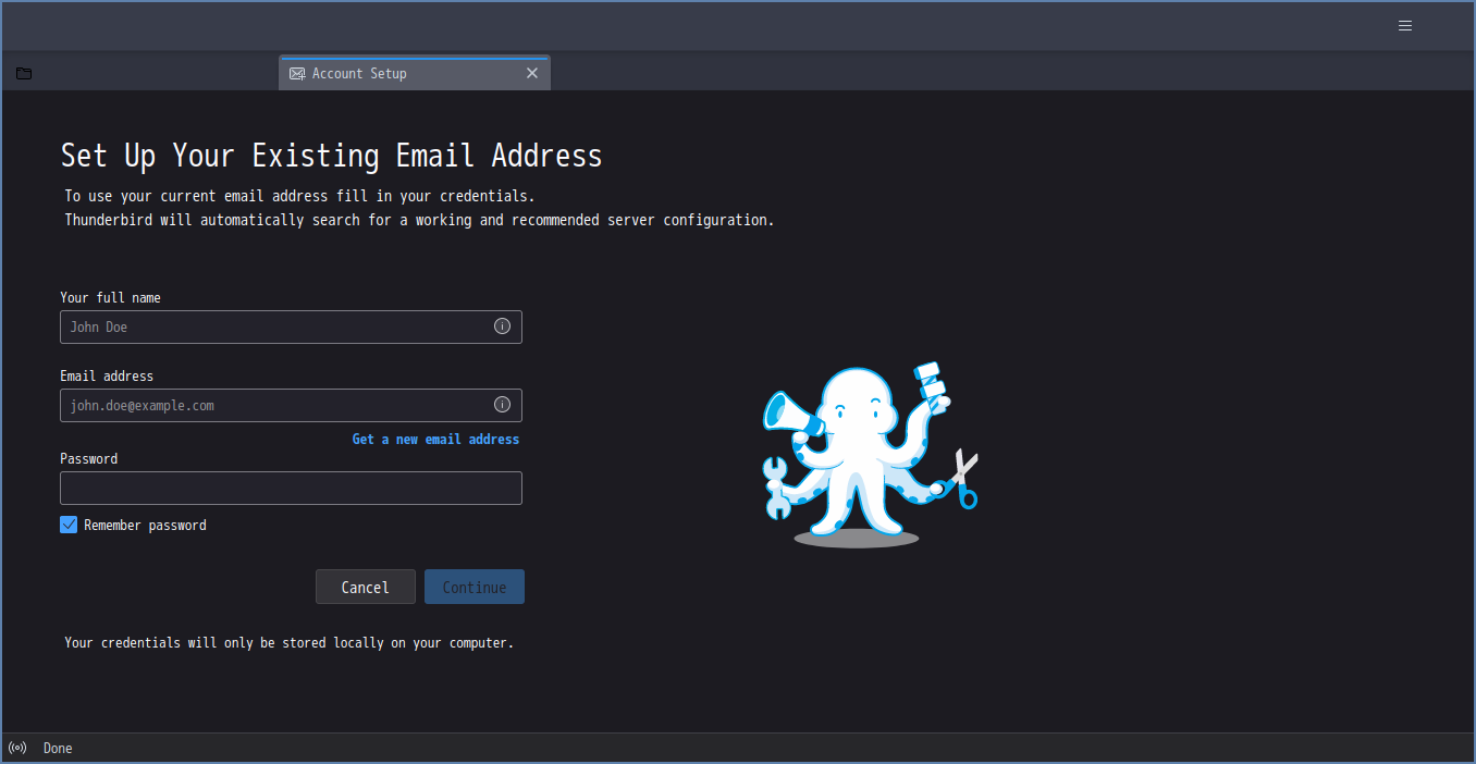 「ArcoLinux 23.09.03 qtile」-「Thunderbird」「アカウント設定」