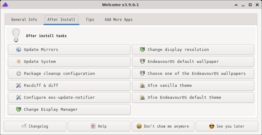 「EndeavourOS 2021.02.03 XFCE」-「Welcome」
