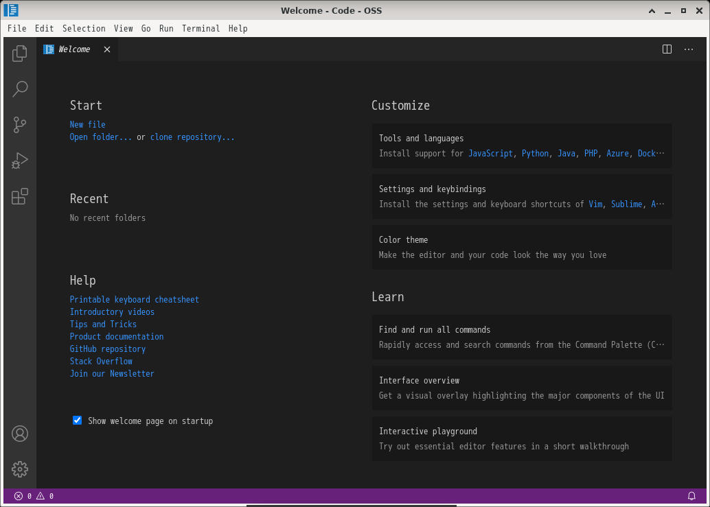 「EndeavourOS 2021.02.03」-「Vsiual Studio Code」「起動直後」