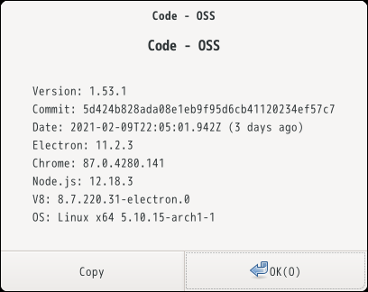 「EndeavourOS 2021.02.03」-「Vsiual Studio Code」「バージョン情報」