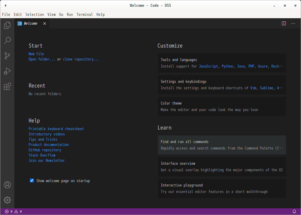 「EndeavourOS 2021.02.03」-「Vsiual Studio Code」「起動直後」