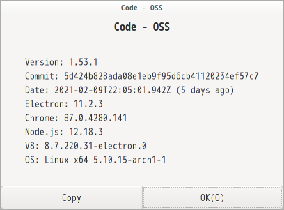 「EndeavourOS 2021.02.03」-「Vsiual Studio Code」「バージョン情報」
