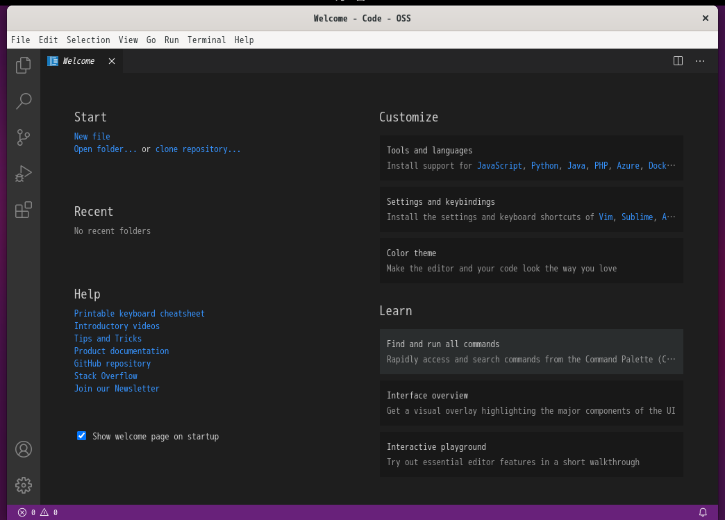 「EndeavourOS 2021.02.03」-「Vsiual Studio Code」「起動直後」