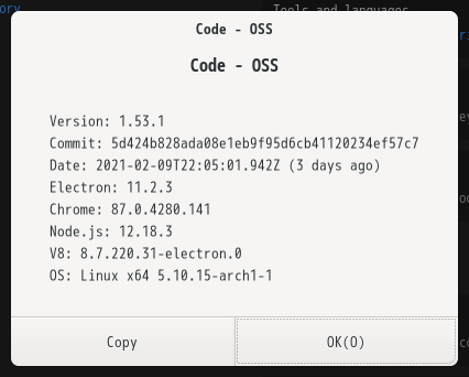 「EndeavourOS 2021.02.03」-「Vsiual Studio Code」「バージョン情報」