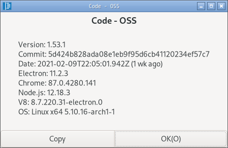 「EndeavourOS 2021.02.03」-「Vsiual Studio Code」「バージョン情報」