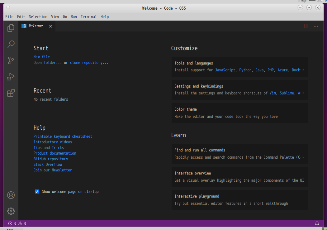 「EndeavourOS 2021.02.03」-「Vsiual Studio Code」「起動直後」