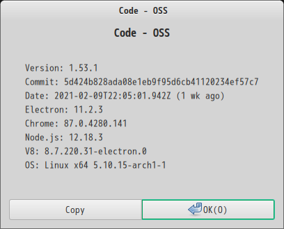 「EndeavourOS 2021.02.03」-「Vsiual Studio Code」「バージョン情報」