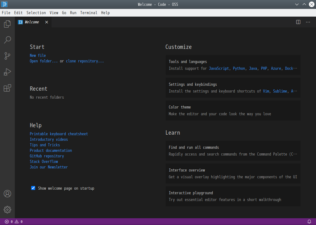 「EndeavourOS 2021.02.03」-「Vsiual Studio Code」「起動直後」