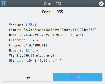 「EndeavourOS 2021.02.03」-「Vsiual Studio Code」「バージョン情報」
