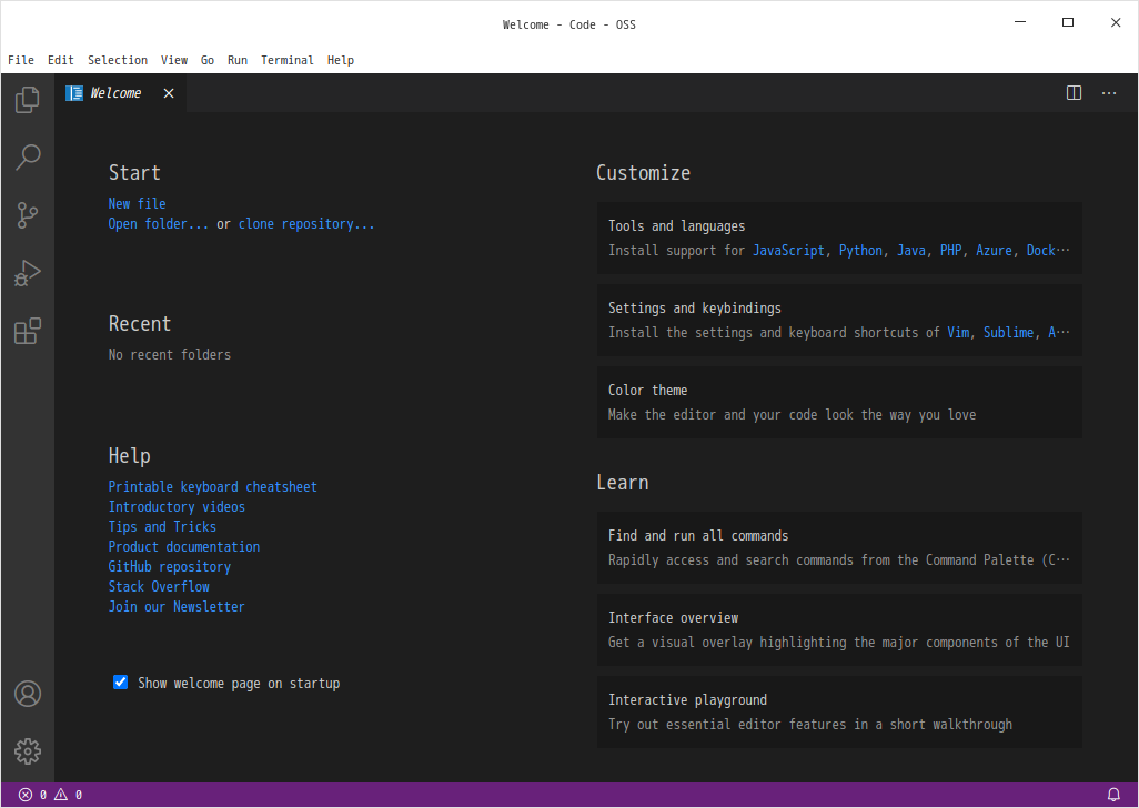 「EndeavourOS 2021.02.03」-「Vsiual Studio Code」「起動直後」