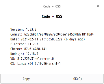 「EndeavourOS 2021.02.03」-「Vsiual Studio Code」「バージョン情報」