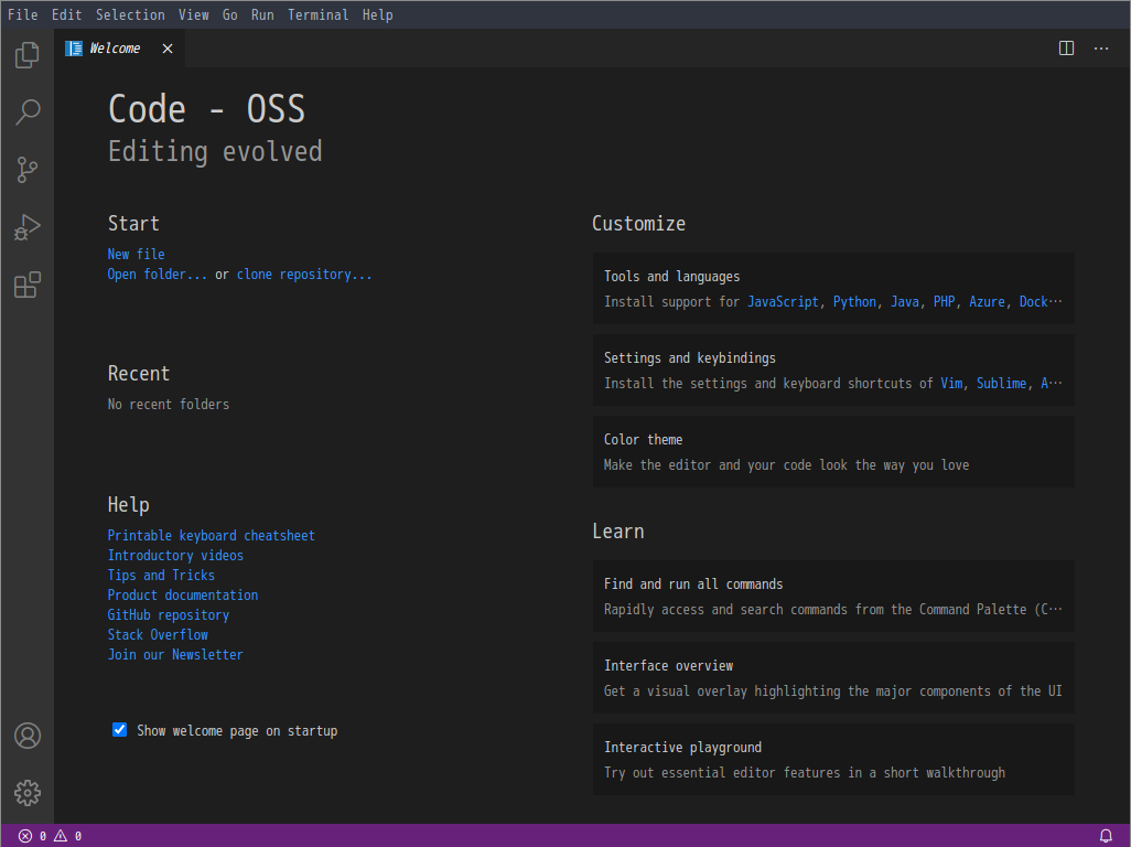 「EndeavourOS 2021.02.03」-「Vsiual Studio Code」「起動直後」