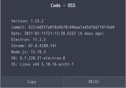 「EndeavourOS 2021.02.03」-「Vsiual Studio Code」「バージョン情報」