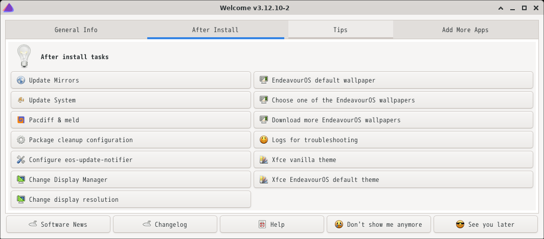 「EndeavourOS 2021.04.17 XFCE」-「Welcome」