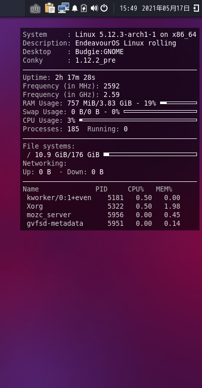クリックでオリジナルのサイズで開きます 「EndeavourOS 2021.04.17」-「Conky」「表示」