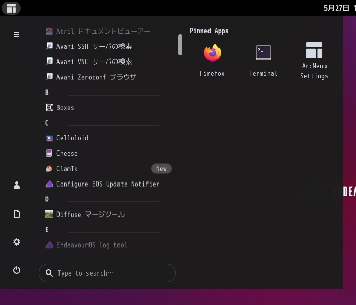 「EndeavourOS 2021.04.17 GNOME」-「スタート」→「C」→「ClamTk」
