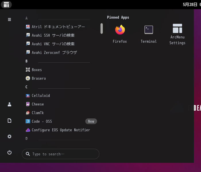 「EndeavourOS 2021.04.17」-「スタート」→「C」→「Code - OSS」