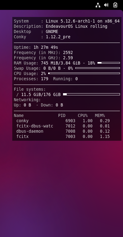 クリックでオリジナルのサイズで開きます 「EndeavourOS 2021.04.17」-「Conky」「表示」