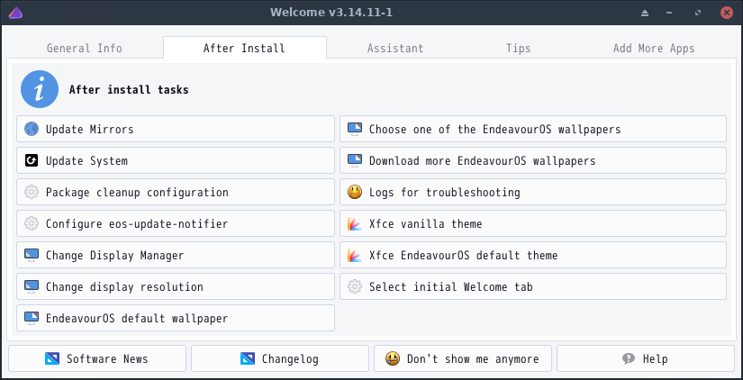 「EndeavourOS 2021.08.27 XFCE」-「Welcome」