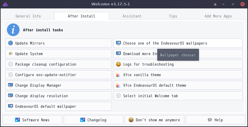 「EndeavourOS 21.4 XFCE」-「Welcome」