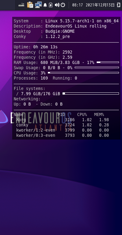 クリックでオリジナルのサイズで開きます 「EndeavourOS 21.4」-「Conky」「表示」