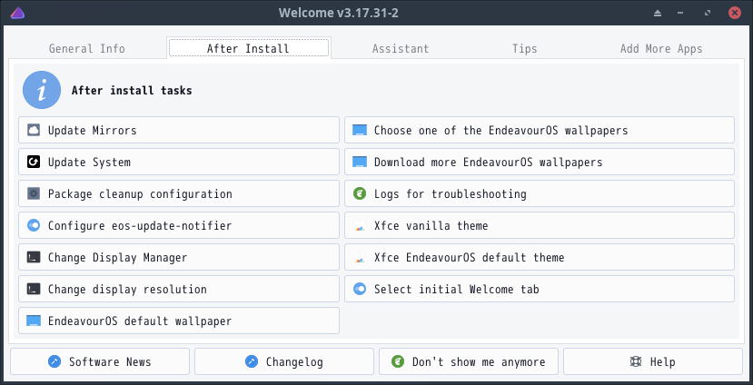 「EndeavourOS 22.1 XFCE」-「Welcome」