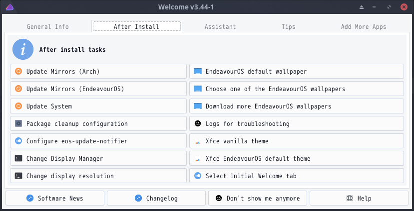 「EndeavourOS 22.12 XFCE」-「Welcome」