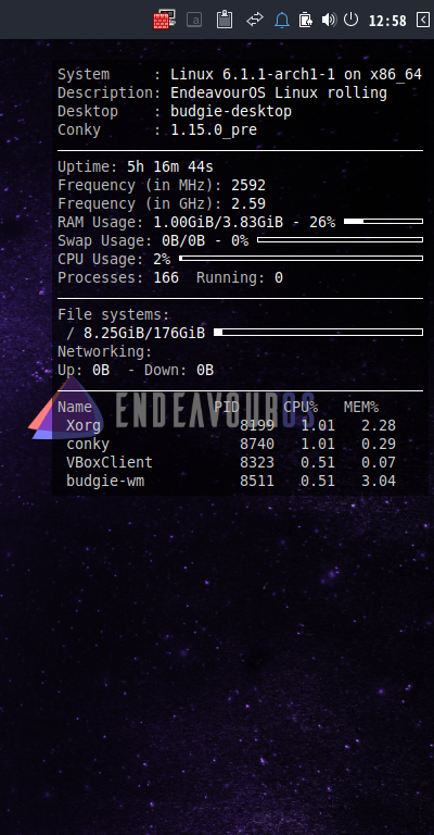 クリックでオリジナルのサイズで開きます 「EndeavourOS 22.12」-「Conky」「表示」