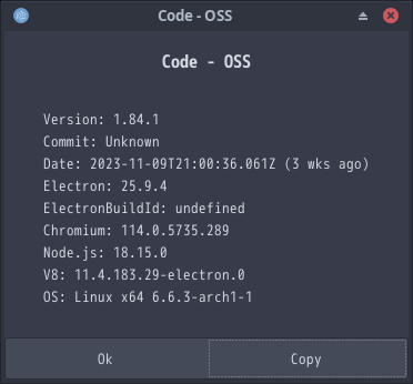 「EndeavourOS 11-2023」-「Vsiual Studio Code」「バージョン情報」