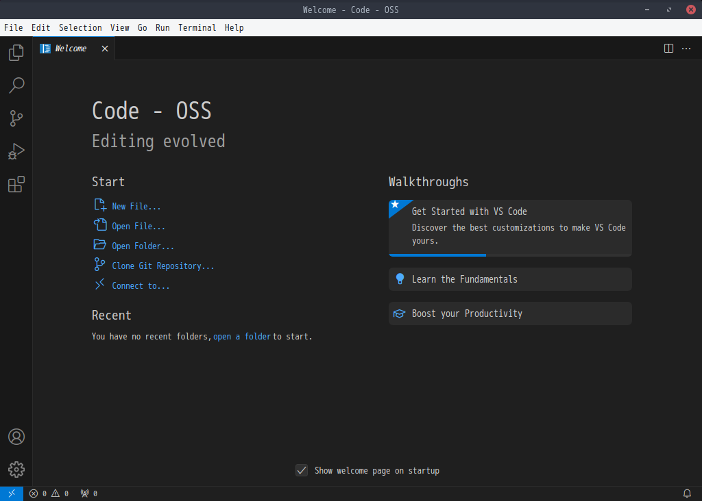 「EndeavourOS 11-2023」-「Vsiual Studio Code」「起動直後」