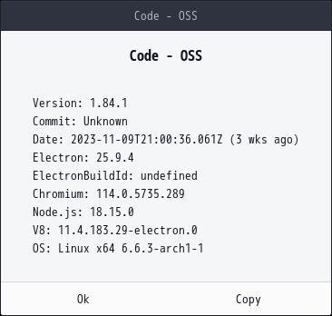 「EndeavourOS 11-2023」-「Vsiual Studio Code」「バージョン情報」