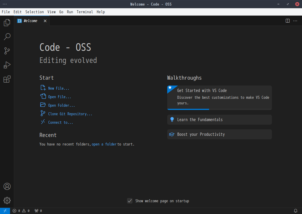 「EndeavourOS 11-2023」-「Vsiual Studio Code」「起動直後」