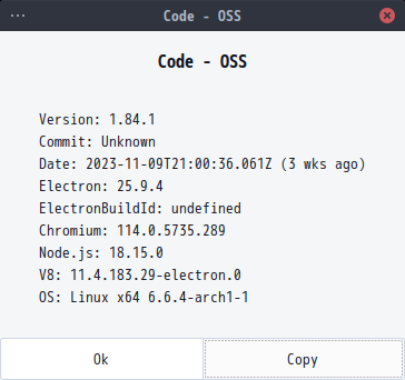 「EndeavourOS 11-2023」-「Vsiual Studio Code」「バージョン情報」