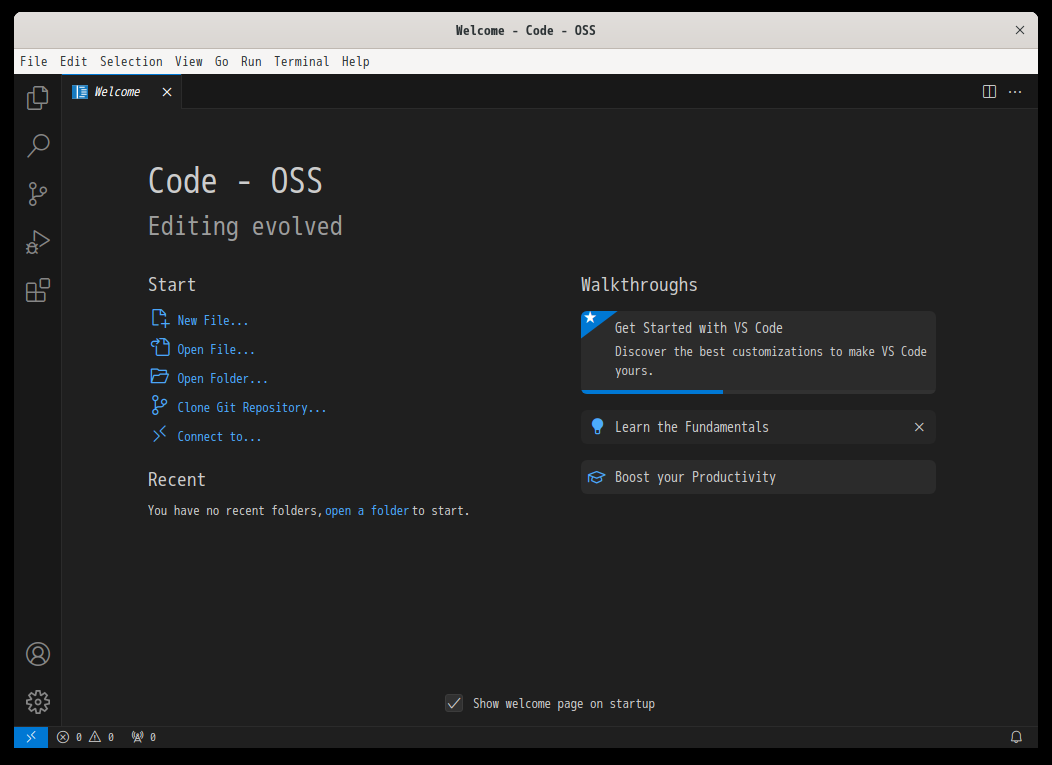 「EndeavourOS 11-2023」-「Vsiual Studio Code」「起動直後」