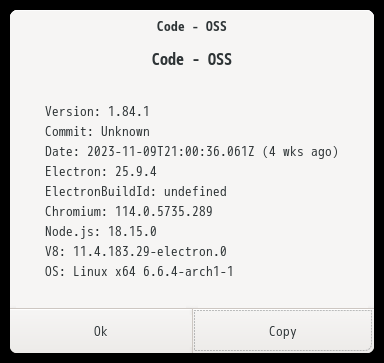 「EndeavourOS 11-2023」-「Vsiual Studio Code」「バージョン情報」