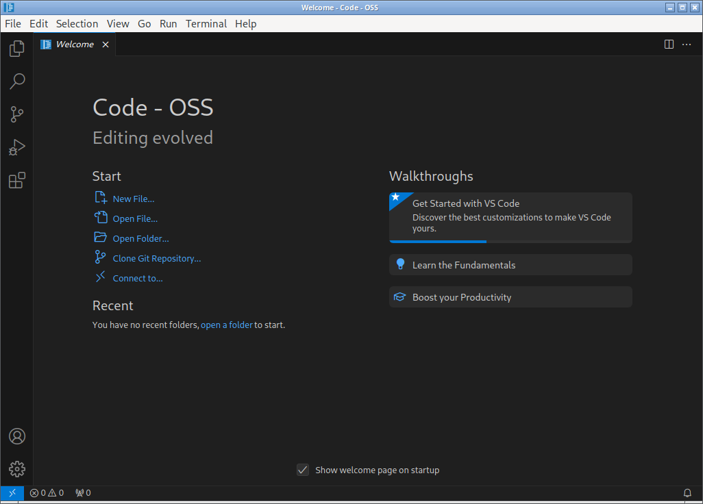 「EndeavourOS 11-2023」-「Vsiual Studio Code」「起動直後」