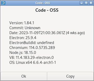 「EndeavourOS 11-2023」-「Vsiual Studio Code」「バージョン情報」