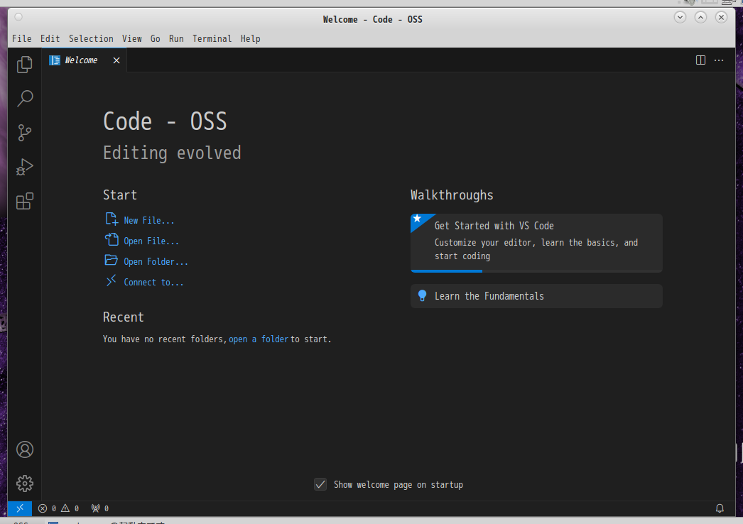 「EndeavourOS 11-2023」-「Vsiual Studio Code」「起動直後」