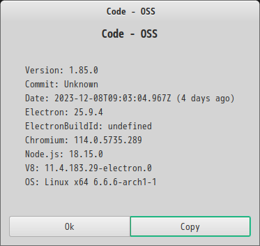 「EndeavourOS 11-2023」-「Vsiual Studio Code」「バージョン情報」