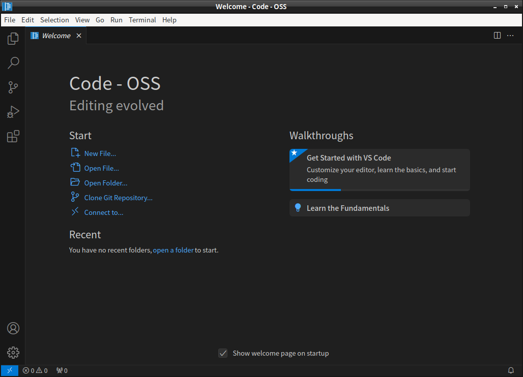 「EndeavourOS 11-2023」-「Vsiual Studio Code」「起動直後」