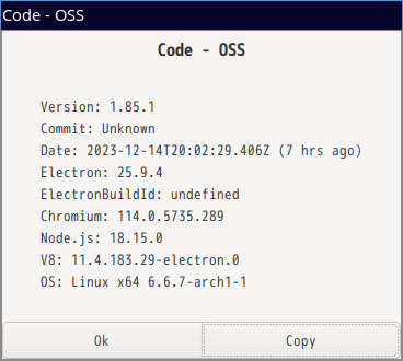「EndeavourOS 11-2023」-「Vsiual Studio Code」「バージョン情報」