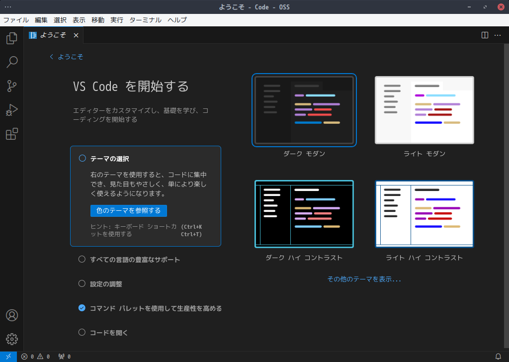 「EndeavourOS 2024.04.20」-「Vsiual Studio Code」「起動直後」