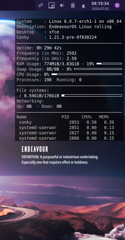 クリックでオリジナルのサイズで開きます 「EndeavourOS 2024.06.25」-「Conky」「表示」