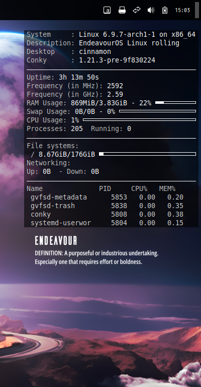 クリックでオリジナルのサイズで開きます 「EndeavourOS 2024.06.25」-「Conky」「表示」