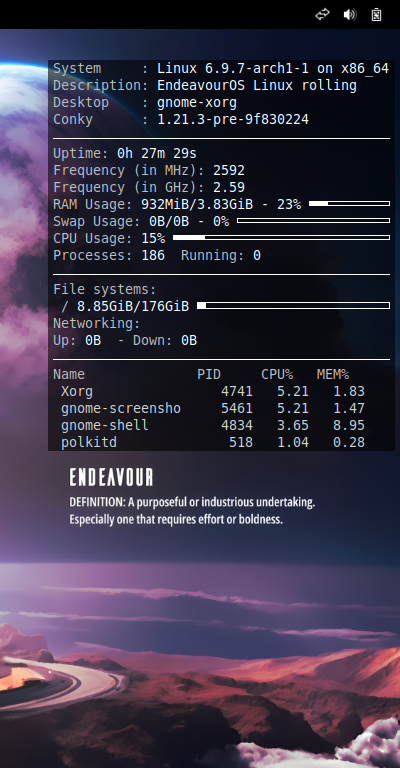 クリックでオリジナルのサイズで開きます 「EndeavourOS 2024.06.25」-「Conky」「表示」