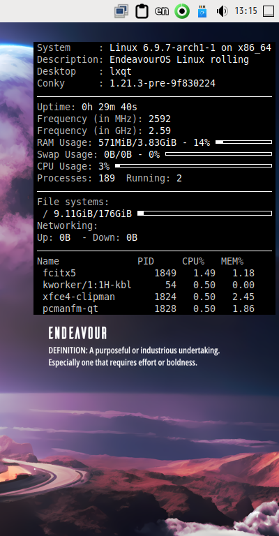 クリックでオリジナルのサイズで開きます 「EndeavourOS 2024.06.25」-「Conky」「表示」