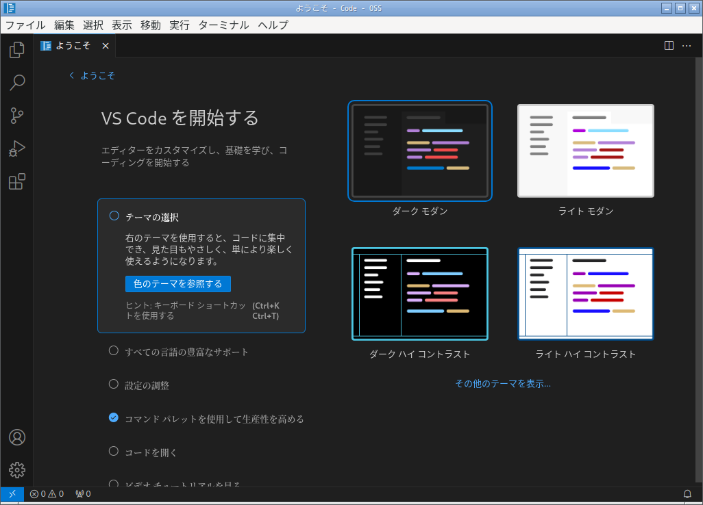 「EndeavourOS 2024.06.25」-「Vsiual Studio Code」「起動直後」