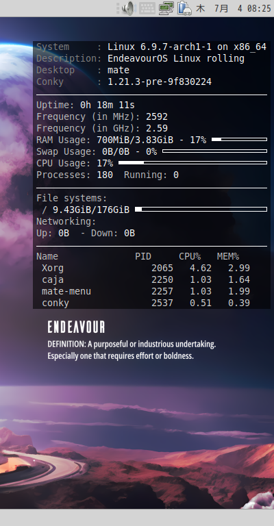 クリックでオリジナルのサイズで開きます 「EndeavourOS 2024.06.25」-「Conky」「表示」