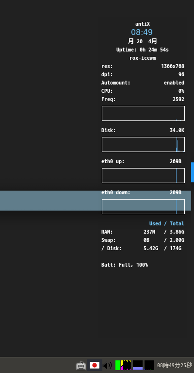 クリックでオリジナルのサイズで開きます 「antiX 19.2 IceWM」-「Conky」「フォント変更後」